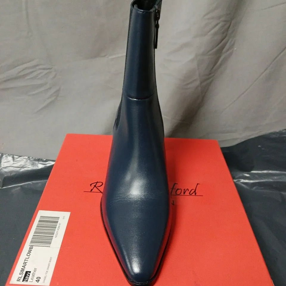 BOXED PAIR OF RUTH LANGSFORD WOMEN'S BLUE LEATHER ANKLE BOOTS, UK 7 