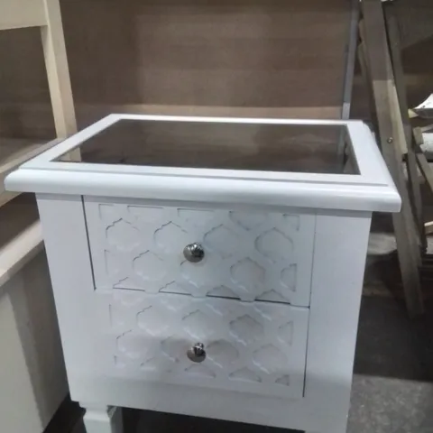 WHITE BEDSIDE TABLE 2 DRAWERS WITH MIRROR TOP