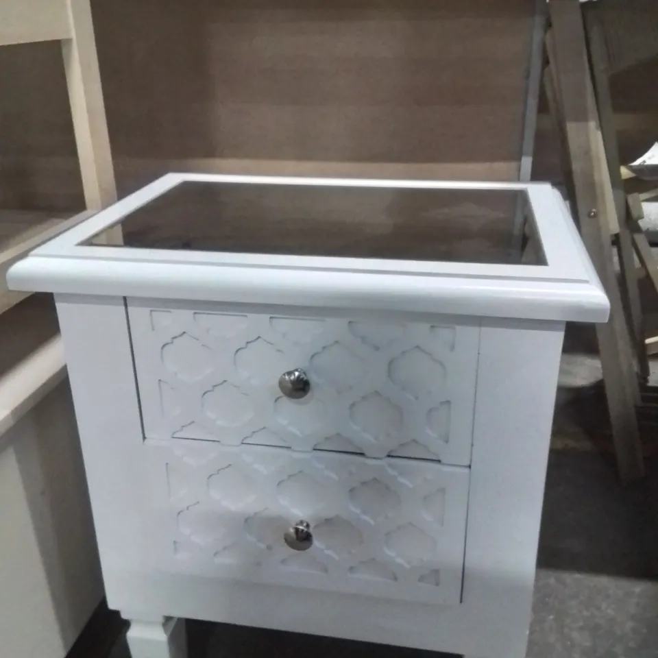 WHITE BEDSIDE TABLE 2 DRAWERS WITH MIRROR TOP