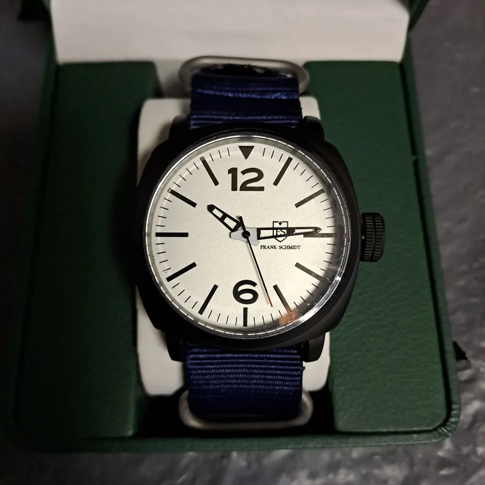 FRANK SCHMIDT WHITE DIAL GENTS WATCH WITH BLACK CASE AND BLUE FABRIC STRAP IN GIFT BOX