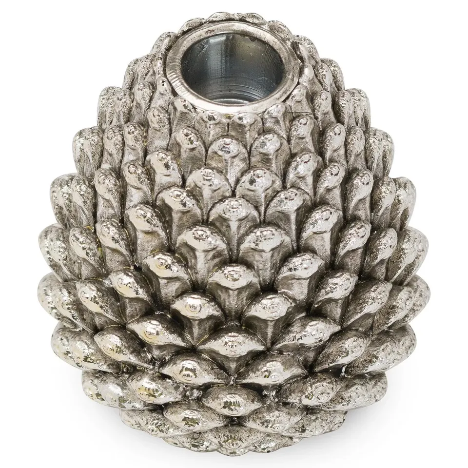 BOXED MEDIUM SILVER PINECONE CANDLE HOLDER