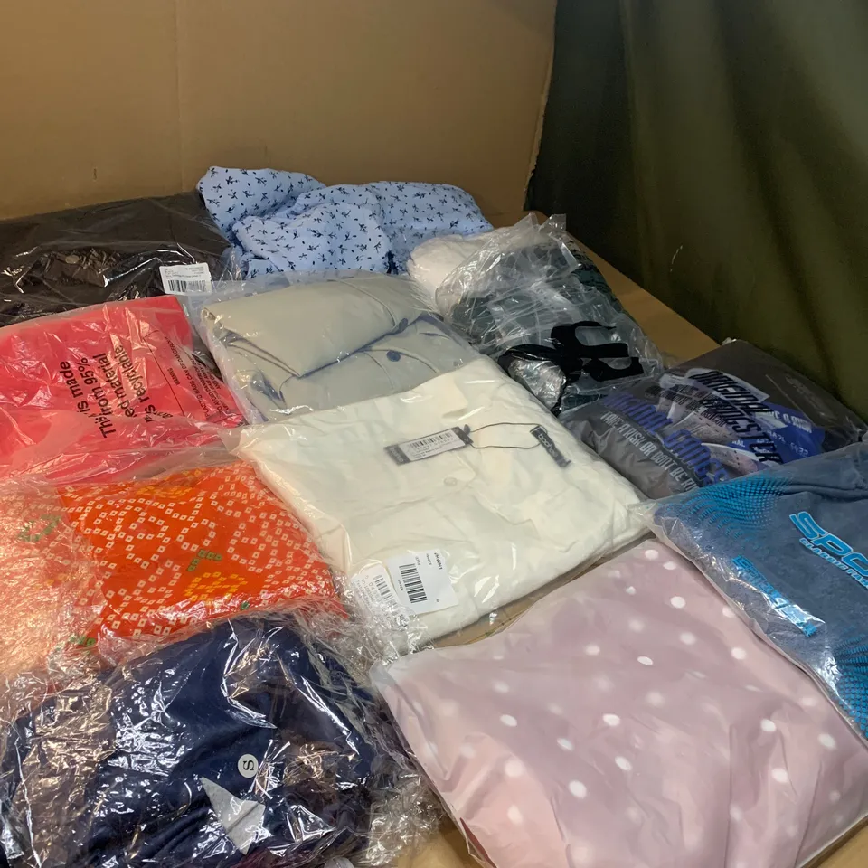 Large box of assorted clothing items to include dresses, jeans and jackets 