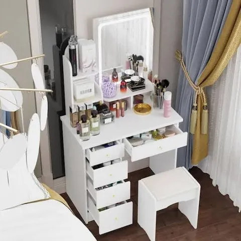 BOXED 5-DRAWERS WHITE MAKEUP VANITY SETS DRESSING TABLE SETS WITH STOOL, MIRROR, LED LIGHT AND 3-TIER STORAGE SHELVES