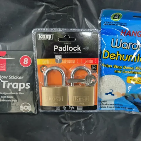 APPROXIMATELY 10 ASSORTED HOUSEHOLD ITEMS TO INCLUDE WARDROBE DEHUMIDIFIER, BRASS PADLOCK, FLY TRAPS, ETC