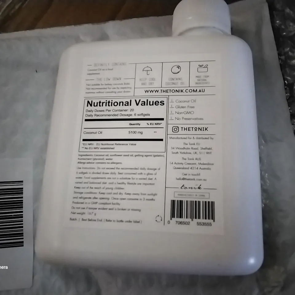 BOX OF APPROXIMATELY 50 BOTTLES OF TONIK COCONUT OIL SUPPLEMENTS 