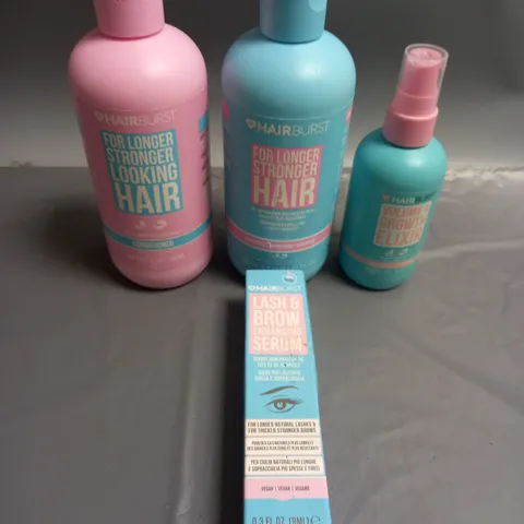 LOT OF 4 HAIR BURST HAIR CARE PRODUCTS TO INCLUDE SHAMPOO, CONDITIONER, ELIXIR AND LASH & BROW SERUM