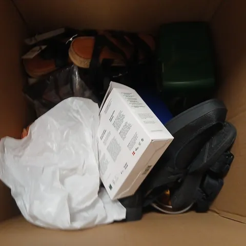 BOX OF APPROX 10 ASSORTED ITEMS TO INCLUDE SHOES, KITCHEN ACCESSORIES AND DVDS