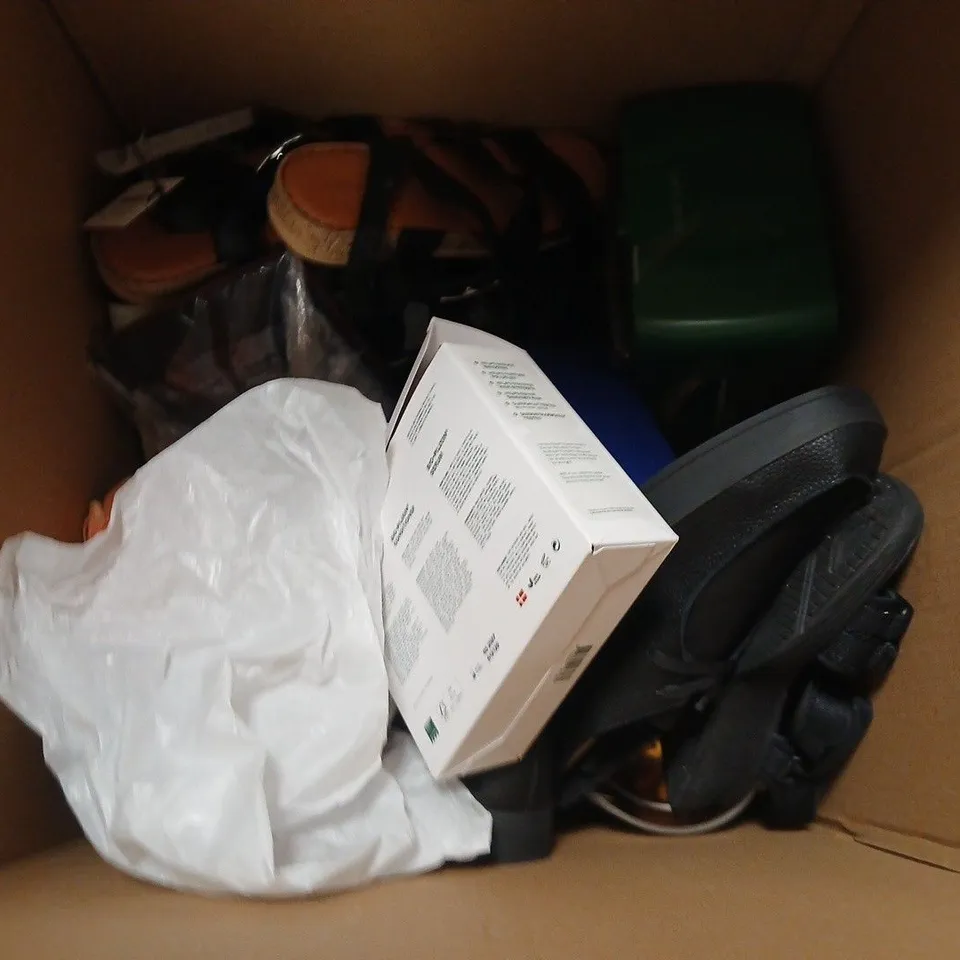BOX OF APPROX 10 ASSORTED ITEMS TO INCLUDE SHOES, KITCHEN ACCESSORIES AND DVDS