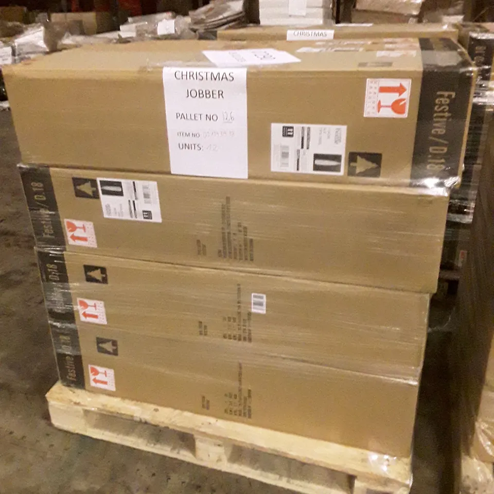 PALLET OF APPROXIMATELY 12 BOXES OF BRAND NEW 114CM SILVER TIPPED CHRISTMAS TREES
