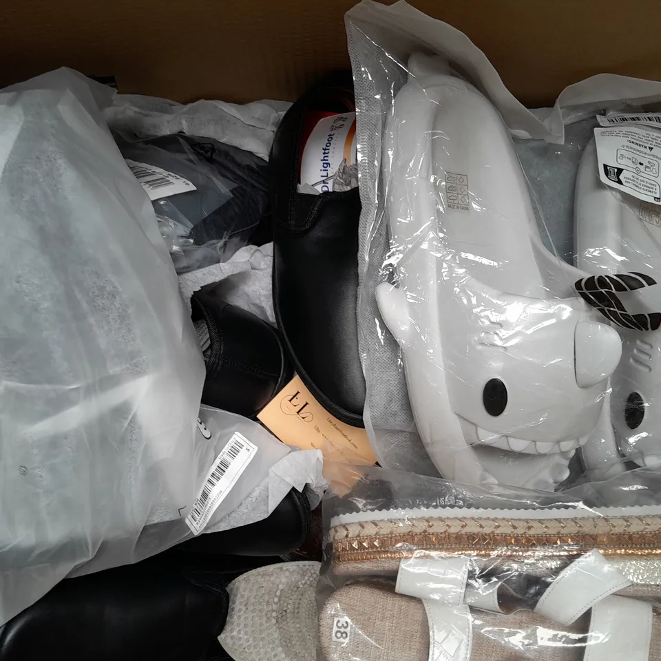 BOX OF APPROXIMATELY 20 ASSORTED PAIRS OF SHOES AND FOOTWEAR ITEMS IN VARIOUS STYLES AND SIZES TO INCLUDE M&S, NEXT, CONVERSE, ETC