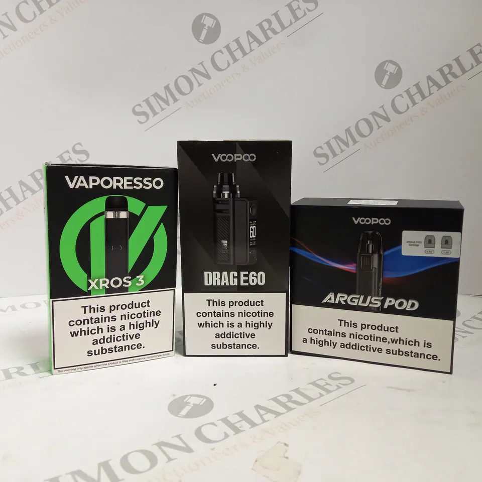 APPROXIMATELY 20 ASSORTED BOXED VAPING PRODUCTS TO INCLUDE VAPORESSO XROS 3, VOOPOO DRAG 360, VOOPOO ARGUS POD ETC.