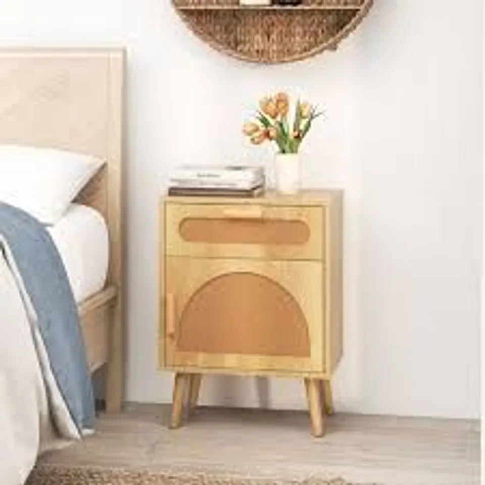 BOXED COSTWAY RATTAN BEDSIDE TABLE, BOHO WOODEN NIGHTSTAND SOFA SIDE TABLE WITH STORAGE