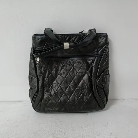 BLACK QUILTED LEATHER HANDBAG WITH FRONT ZIP POCKET (GENUINE LEATHER)