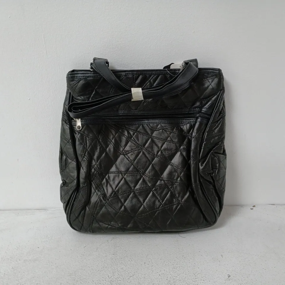 BLACK QUILTED LEATHER HANDBAG WITH FRONT ZIP POCKET (GENUINE LEATHER)