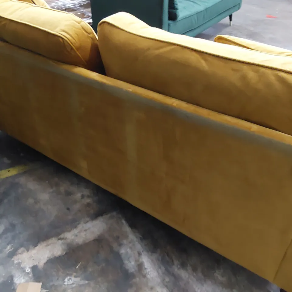 DESIGNER FABIOLA THREE SEATER SOFA MUSTARD PLUSH FABRIC ON BRASS CASTOR FEET