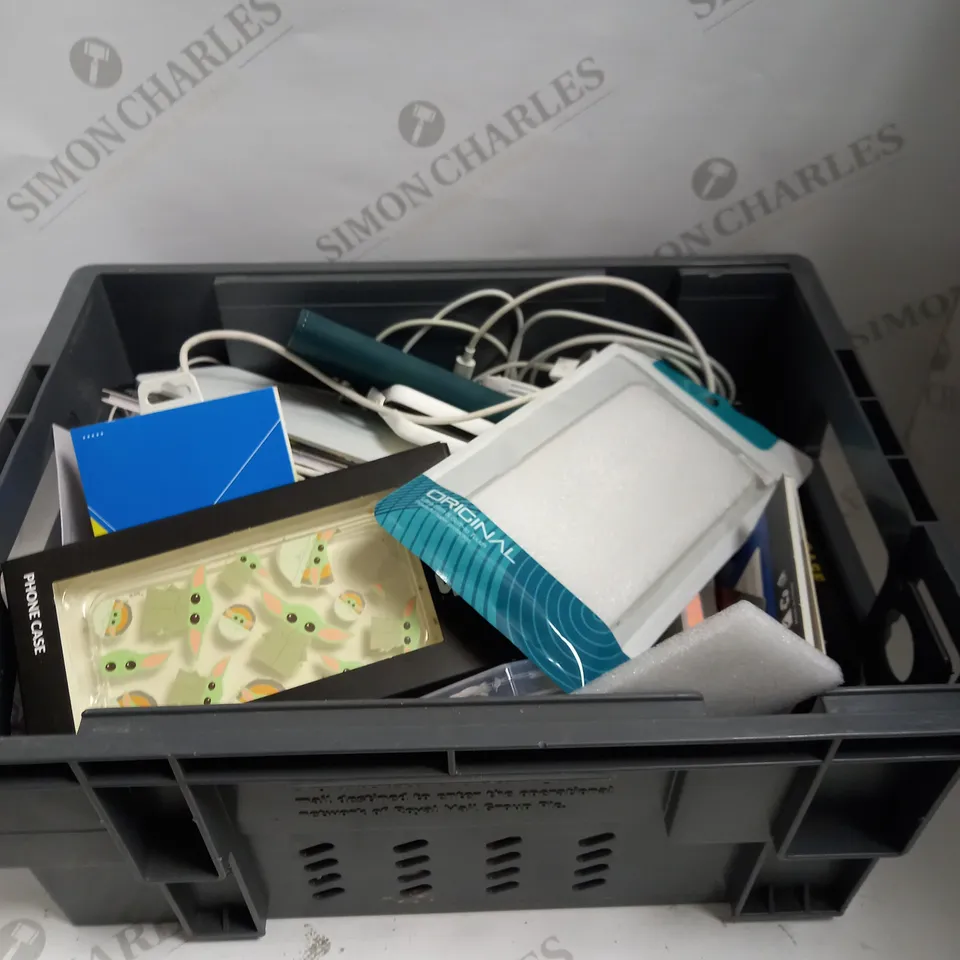 BOX TO CONTAIN APPROX. 35 ASSORTED PHONE ACCESSORY PRODUCTS, INCLUDES PHONE CASES, CHARGING CABLES, EARPHONES ETC 