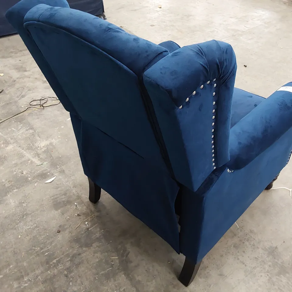QUALITY DESIGNER PUSH BACK RECLINING EASY CHAIR BUTTON BACK BLUE PLUSH FABRIC 