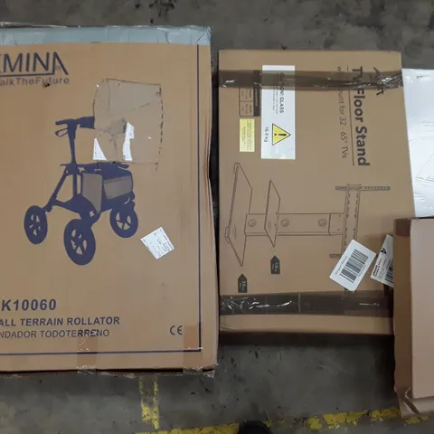 PALLET TO CONTAIN AN ASSORTMENT OF HOUSEHOLD ITEMS TO INCLUDE WALL CLOCKS, TV FLOOR STAND, LAPTOP BEDS AND ROLLATOR ECT