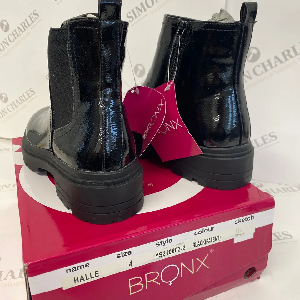BOXED PAIR OF BRONX SIZE 4 BLACK BOOTS