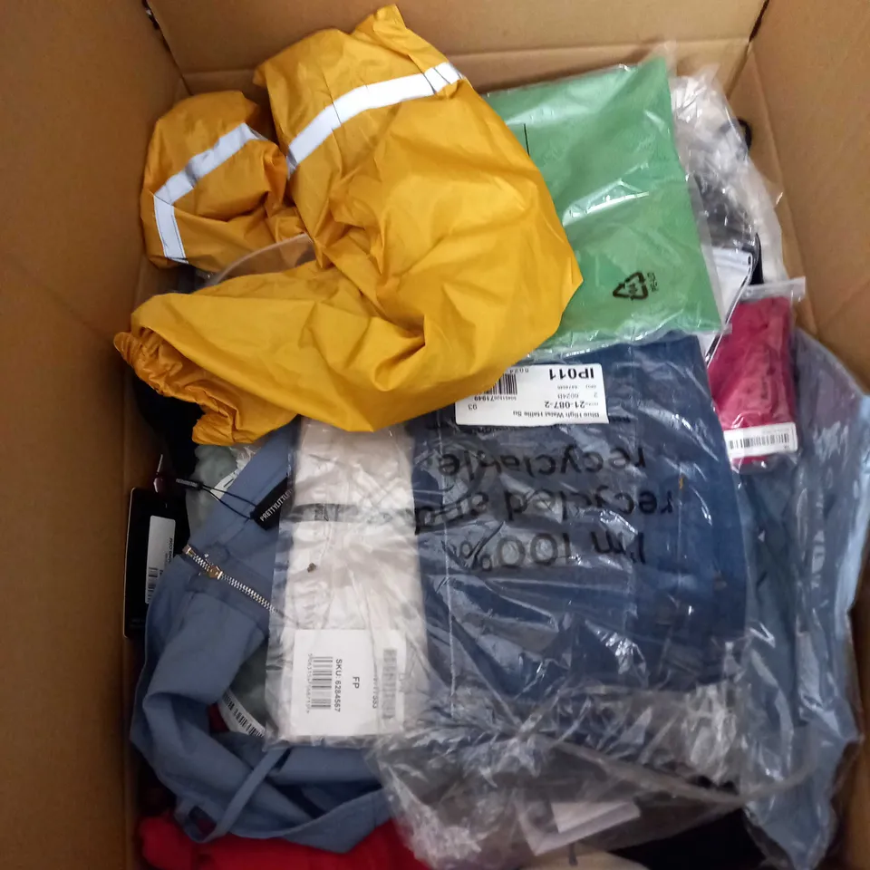  BOX OF ASSORTED CLOTHING ITEMS TOO INCLUDE DRESSES , SHIRTS AND TROUSERS IN VARIOUS SIZES AND COLOURS   