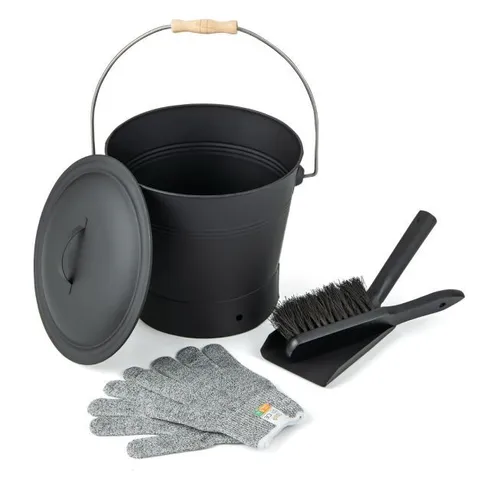 BOXED COSTWAY ASH BUCKET WITH LID AND CUT-RESISTANT GLOVES FOR FIREPLACE FIRE PITS WOOD BURNING STOVES-BLACK