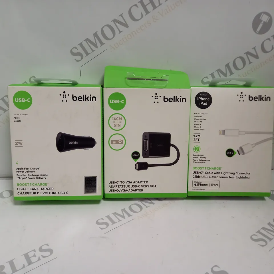 APPROXIMATELY 10 ASSORTED BELKIN PRODUCTS TO INCLUDE BOOST CHARGE USB-C CAR CHARGER, USB-C TO VGA ADAPTER, USB-C CABLE ETC.