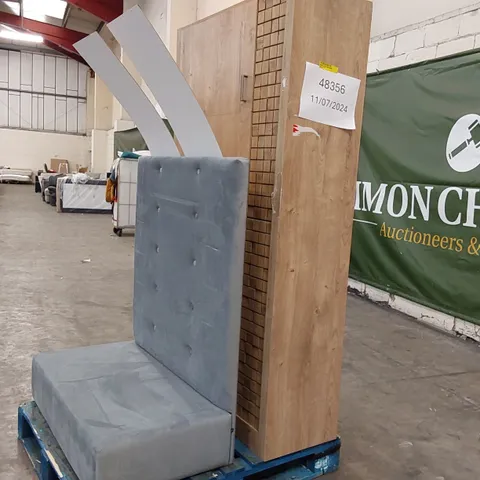 PALLET OF 2 FURNITURE ITEMS TO INCLUDE; 1X LEARY GRID SIDEBOARD (MISSING SHELVES AND 2 BACK PANELS ARE BROKEN), 1X GREY VELVET LOVESEAT (MISSING LEGS)