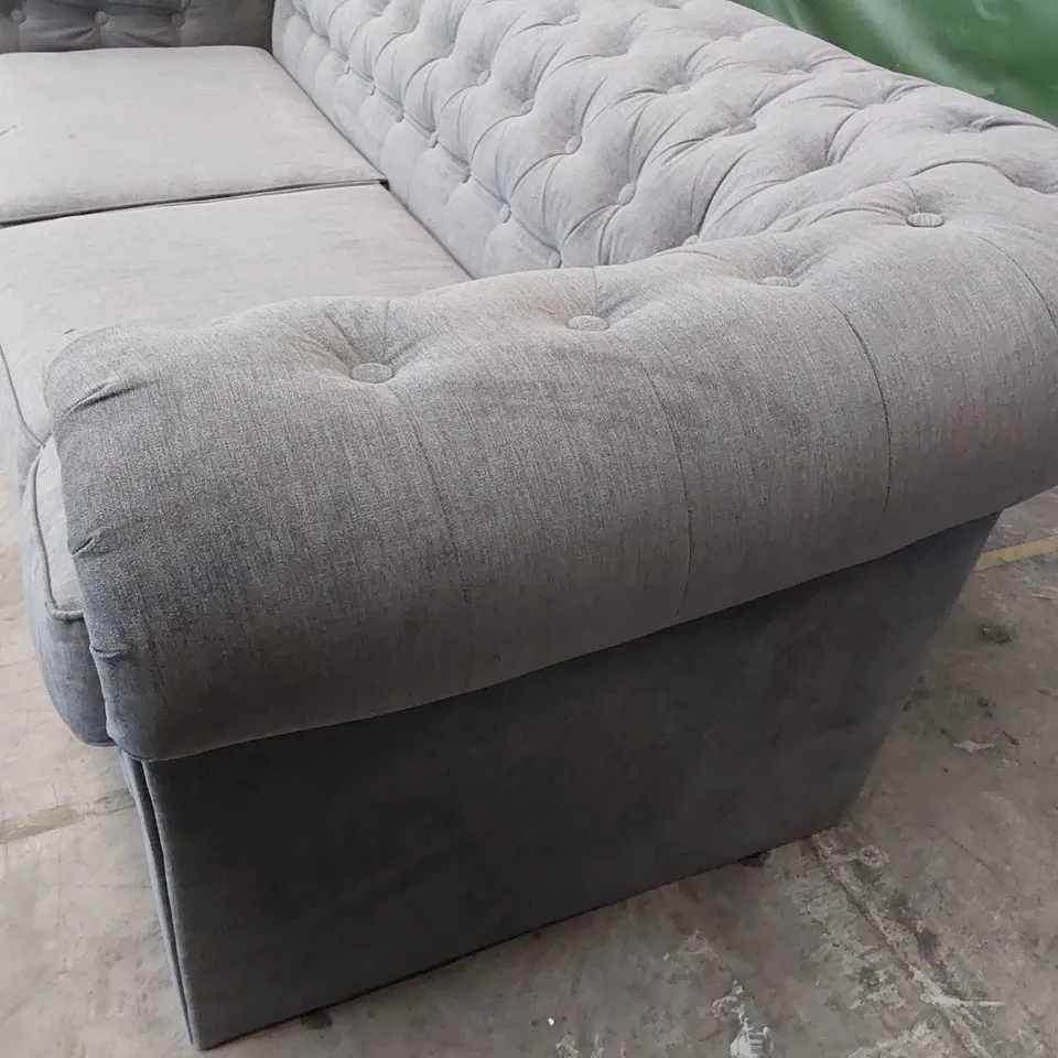 DESIGNER THREE SEATER CHESTERFIELD SOFA GREY PLUSH FABRIC 