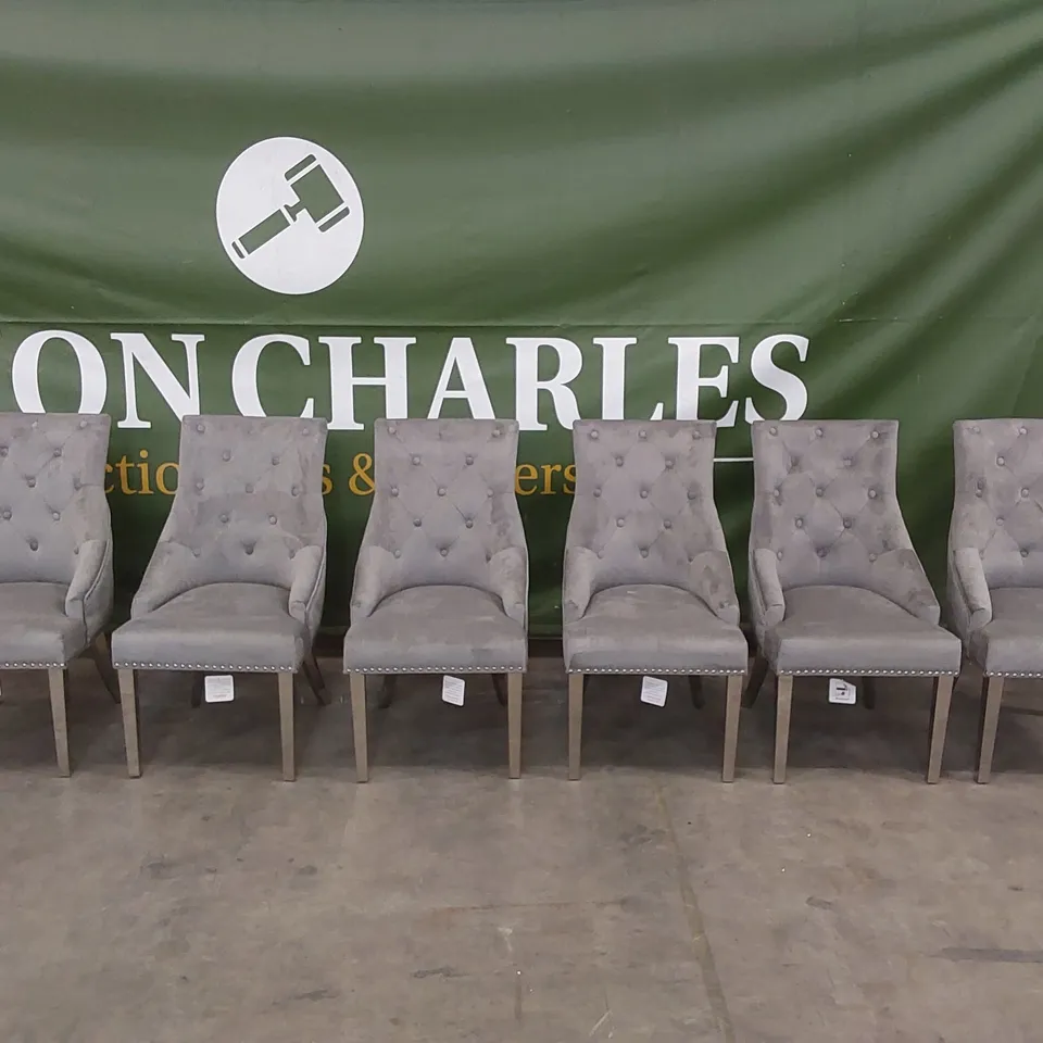 SET OF 6 IMPERIAL GREY VELVET BUTTON BACK DINING CHAIRS WITH CHROME LEGS 