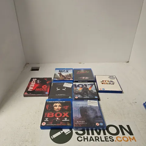 APPROXIMATELY 8 ASSORTED DVDS INCLUDING STAR WARS THE FORCE AWAKENS AND SCREAM 6 MOVIE COLLECTION 