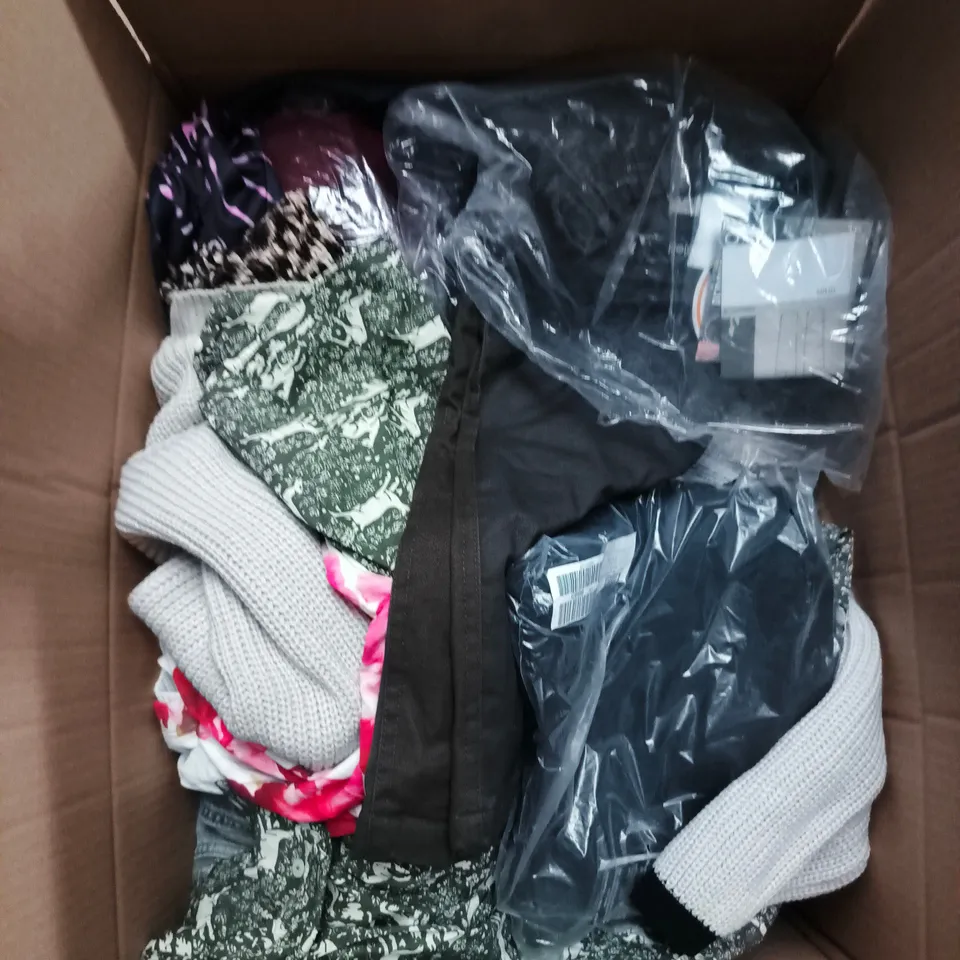 LARGE BOX OF APPROXIMATELY 25 ASSORTED CLOTHING ITEMS IN VARIOUS COLOURS, STYLES AND SIZES - COLLECTION ONLY