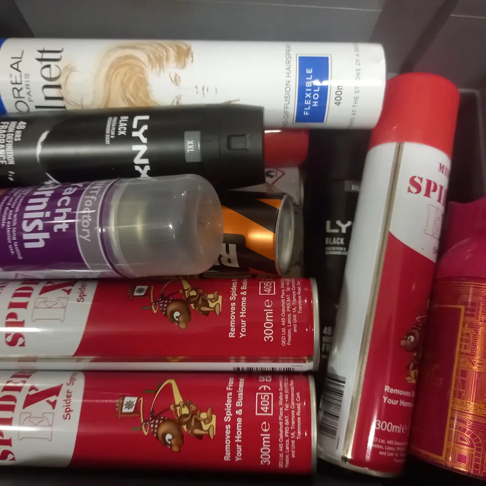 BOX OF APPROX 18 ASSORTED AEROSOLS TO INCLUDE - RIGHT GAURD SPORT - LYNX BLACK - LOREAL PARIS ELNET HAIRSPRAY ECT