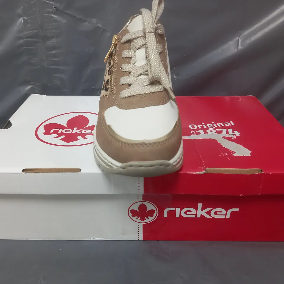 BOXED PAIR OF RIEKER TRAINERS IN BROWN SIZE 4
