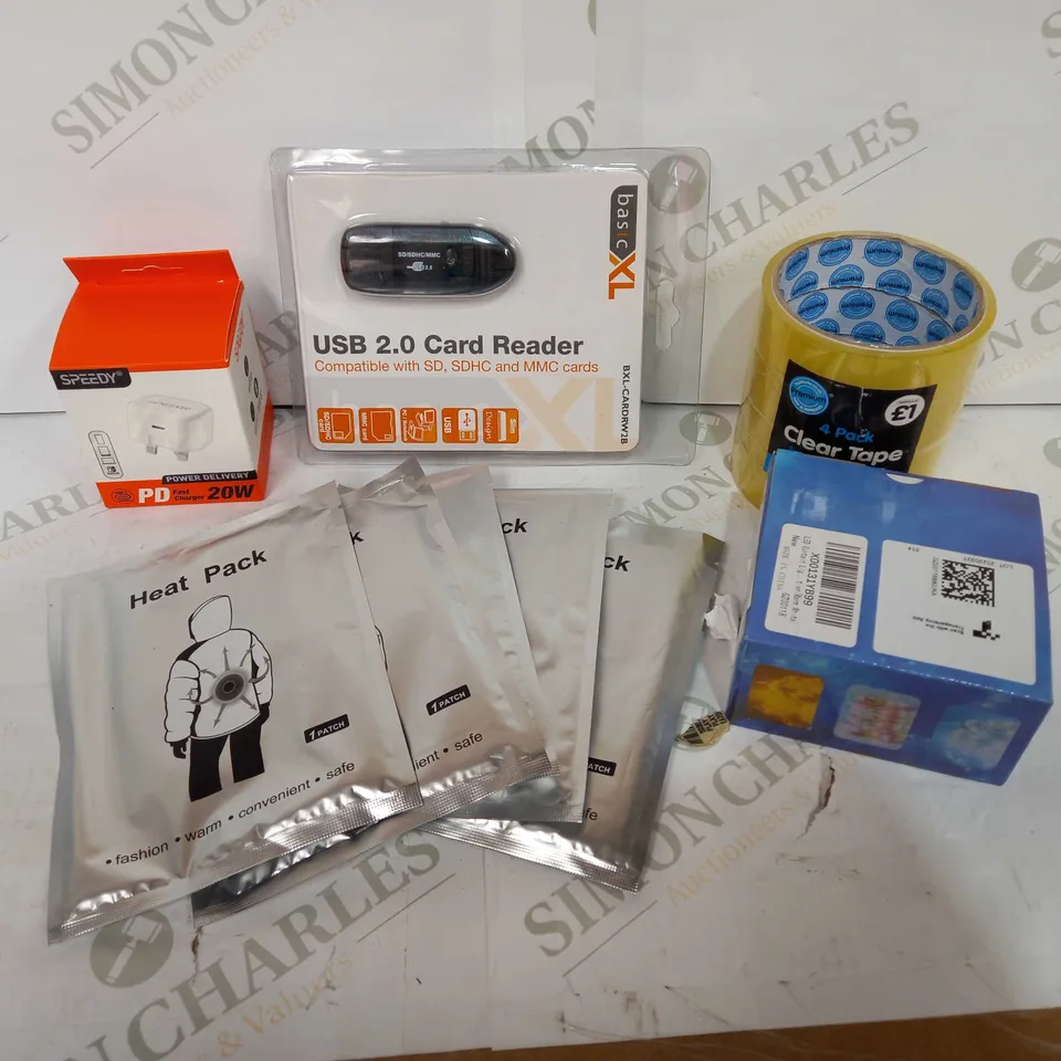 BOX OF APPROX 30 ASSORTED ITEMS TO INCLUDE - PACK OF CELLOTAPES, HEAT PACKS, USB CARD READER ETC