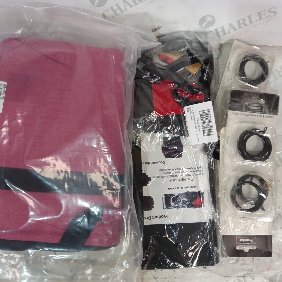 BOX OF APPROXIMATELY 20 ASSORTED HOUSEHOLD ITEMS TO INCLUDE METAL CURTAIN POLE RINGS, EXPLOSION STORAGE BOX IN BLACK, ETC