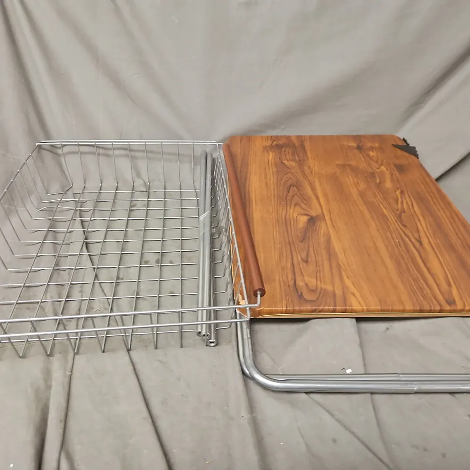 Chrome wire storage rack with wooden top panel – kitchen cart / shelving - model unspecified