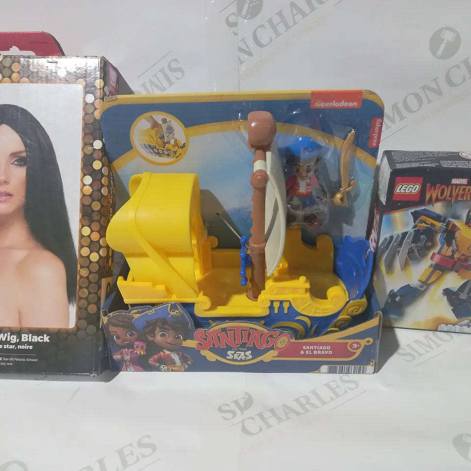 BOX OF APPROXIMATELY 10 ASSORTED TOYS AND GAMES TO INCLUDE SMIFFYS STAR STYLE WIG, SANTIAGO OF THE SEAS, LEGO WOLVERINE MECH ARMOUR, ETC
