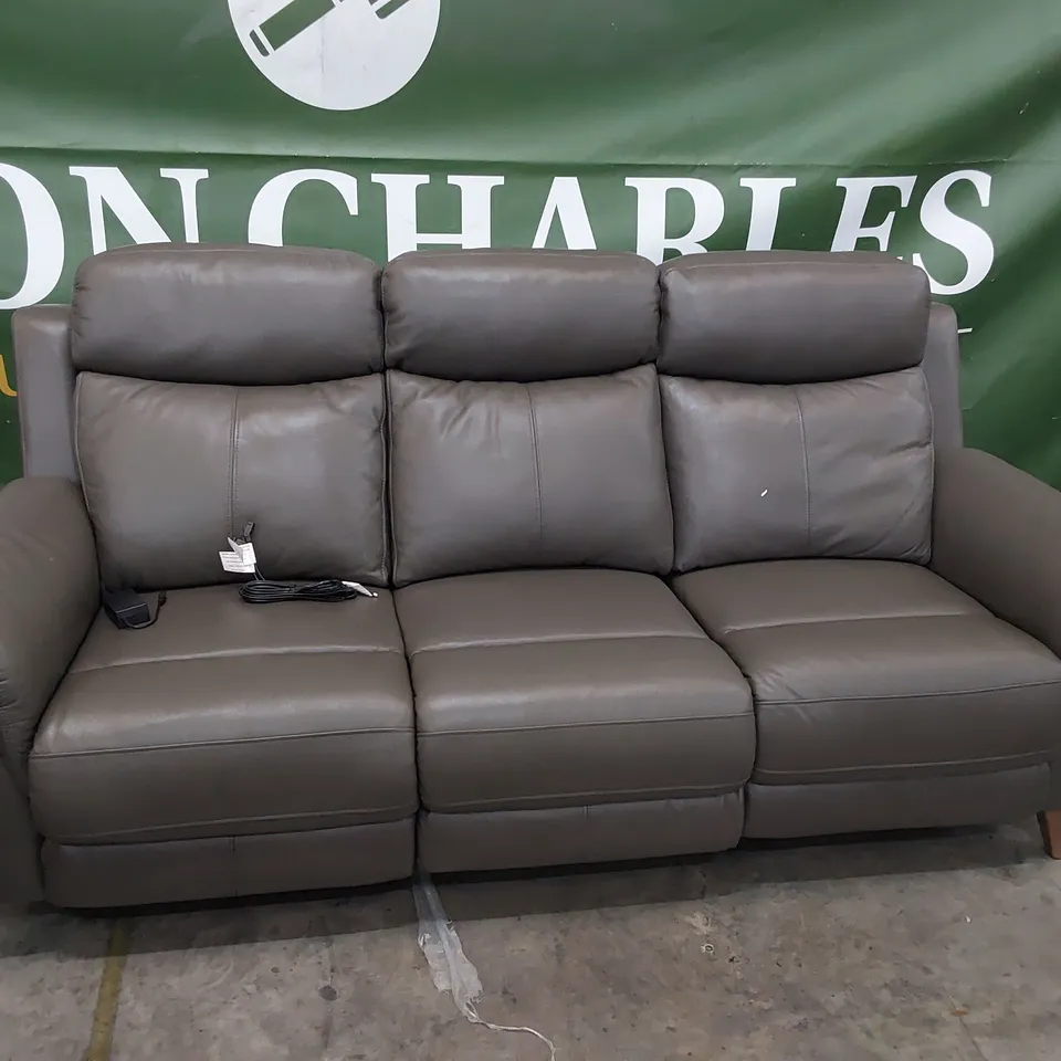 DESIGNER POWER RECLINING THREE SEATER SOFA GREY LEATHER 