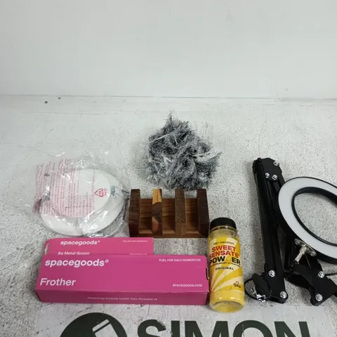 APPROXIMATELY 20 ASSORTED ITEMS INCLUDING SWEET SENSATE POWDER, SPACEGOODS FROTHER AND SPACEGOODS 8G METAL SPOON