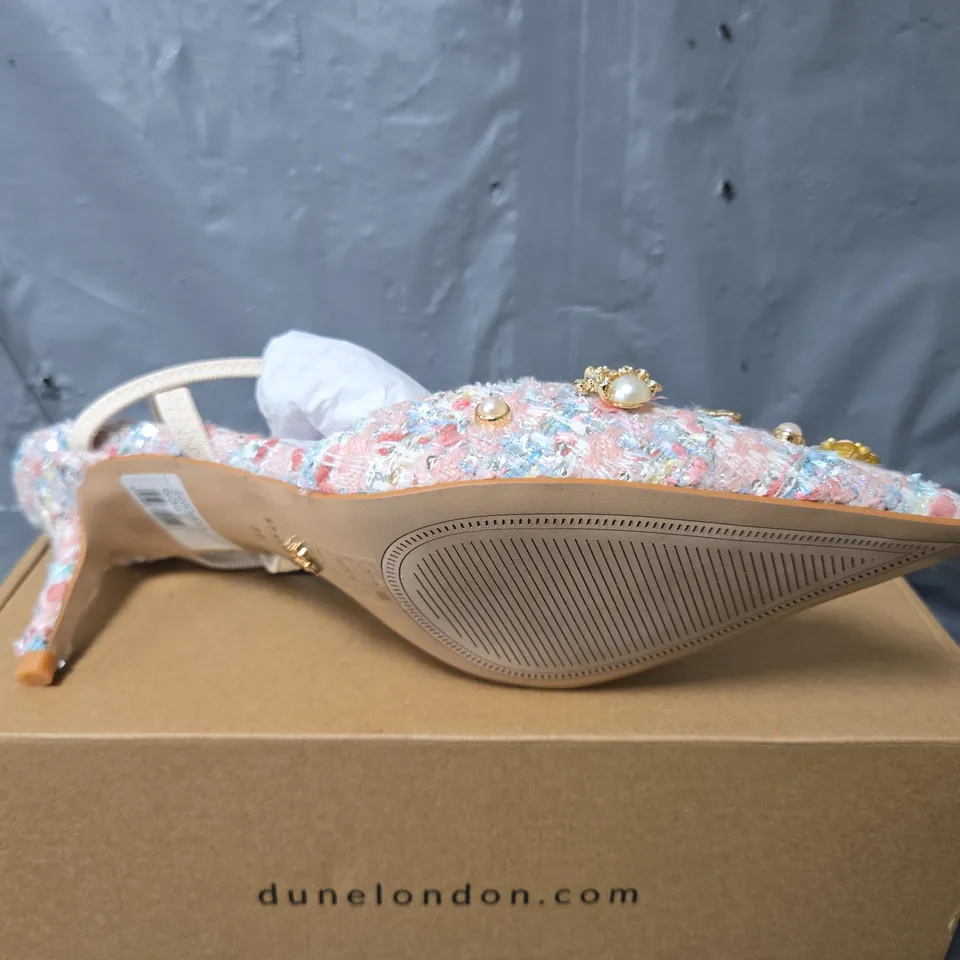 BOXED PAIR OF DUNE LONDON DIANA FLORAL HEELS IN MULTI - UK 6