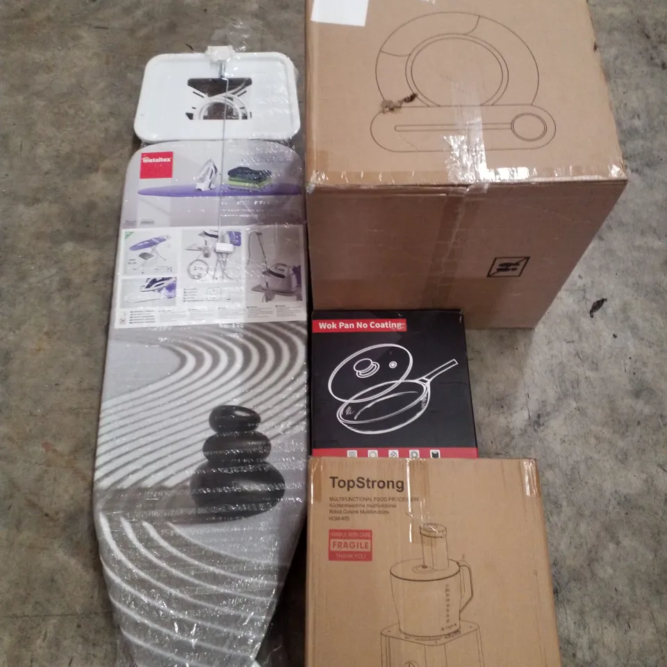 PALLET CONTAINING ASSORTED PRODUCTS INCLUDING IRONING BOARDS, AUTOMATIC CAT LITTER BOX,  WOK PAN & MULTIFUNCTIONAL FOOD PROCESSOR 