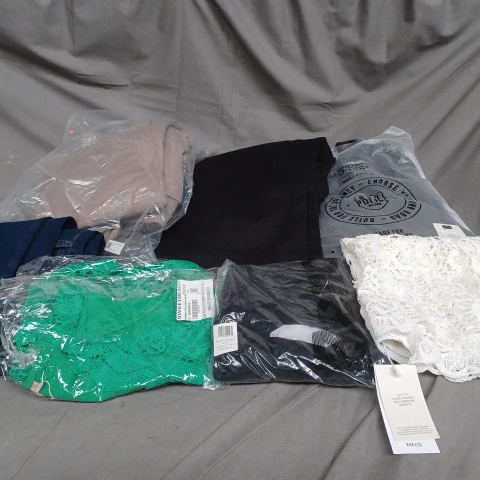 BOX OF ASSORTED CLOTHING ITEMS IN VARIOUS COLOURS, SIZES AND STYLES