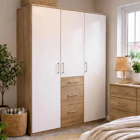 BRAND NEW BOXED ALTON WARDROBE IN HIGH GLOSS WHITE AND OAK WITH 3 DOORS AND 3 DRAWERS (4 BOXES)