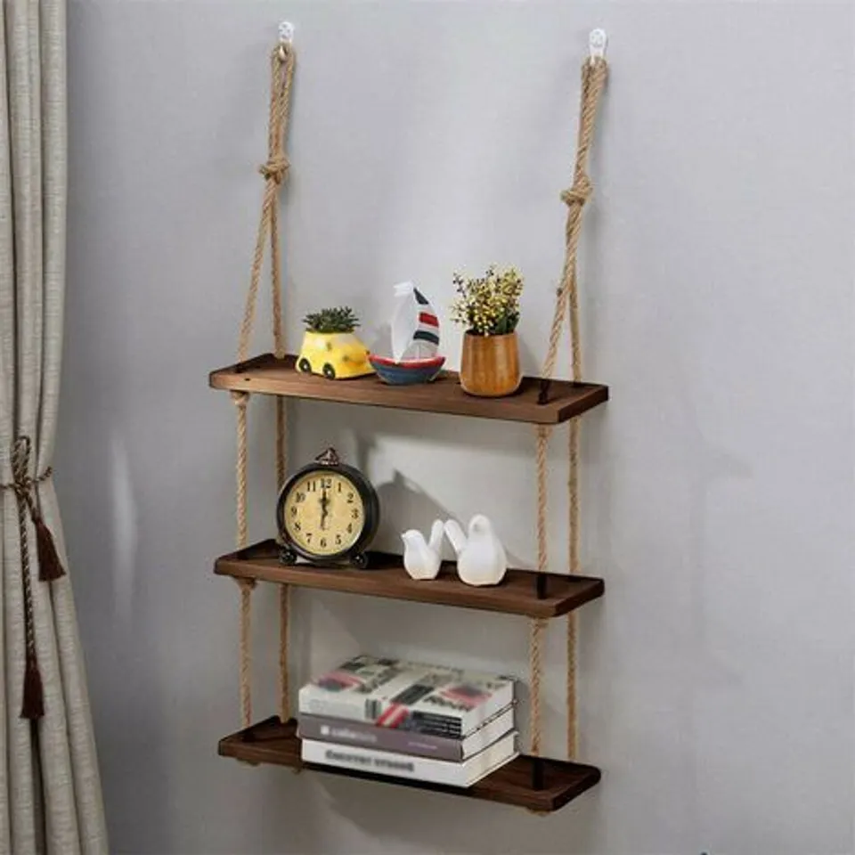BOXED WOODEN HANGING SHELF WINDOW WALL PLANT ROPE HANGING SHELVES FOR KITCHEN BATHROOM