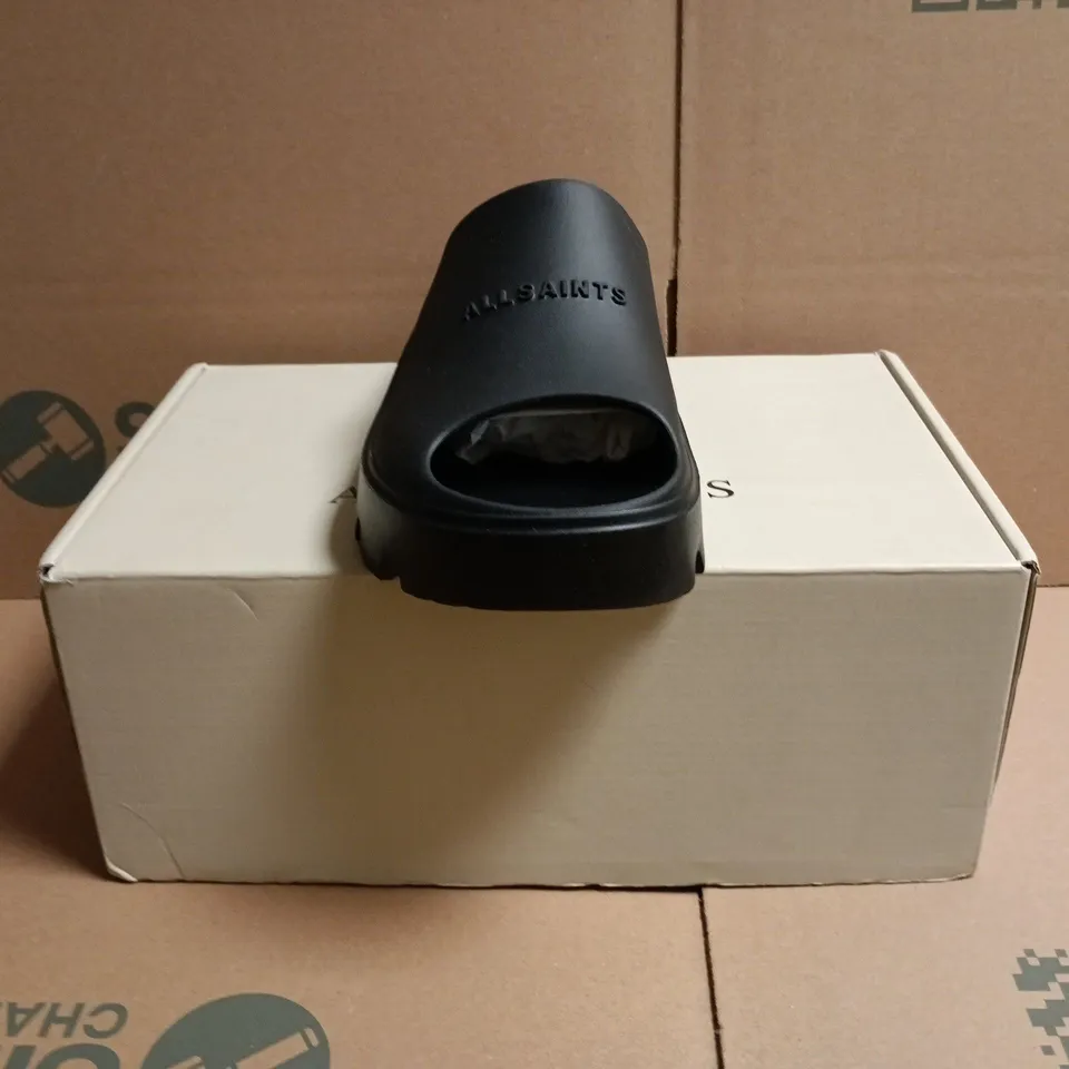 BOXED PAIR OF ALL SAINTS ECLIPSE SLIDER IN BLACK SIZE UK 6