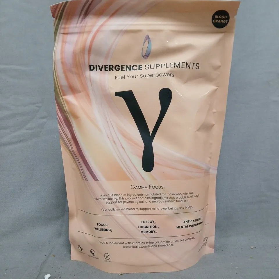BOX OF APPROXIMATELY 8 PACKS OF DIVERGENCE SUPPLEMENTS - GAMMA FOCUS (540G) - BLOOD ORANGE FLAVOUR - COLLECTION ONLY