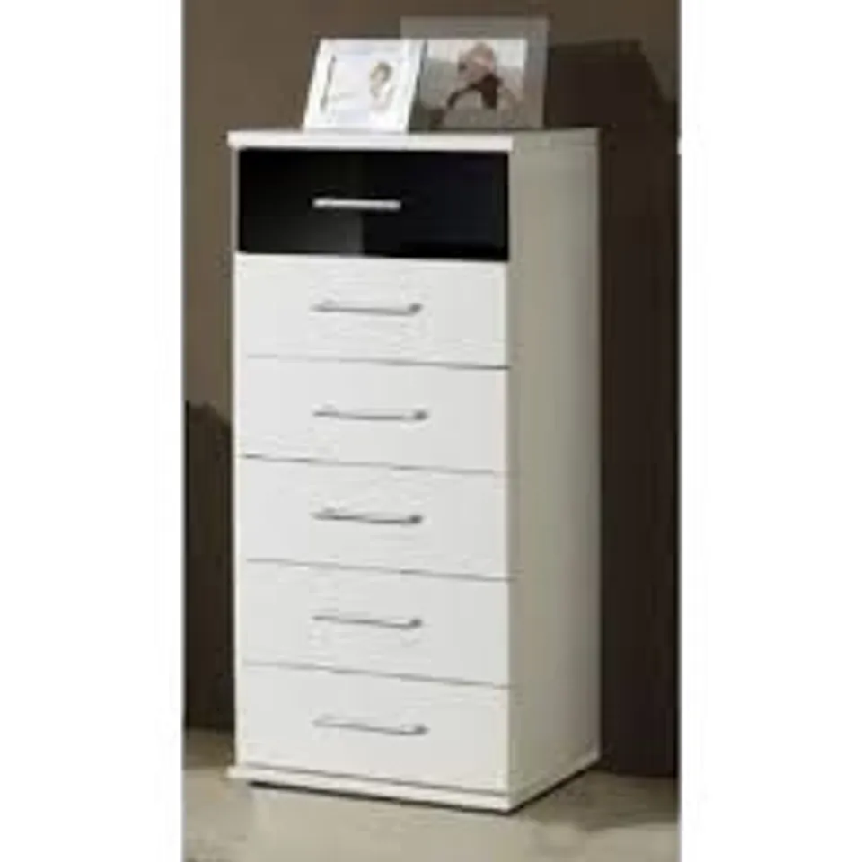 BRAND NEW BOXED GASTLINEAU CHEST OF DRAWERS IN WHITE AND BLACK WITH 6 DRAWERS (1 BOX)