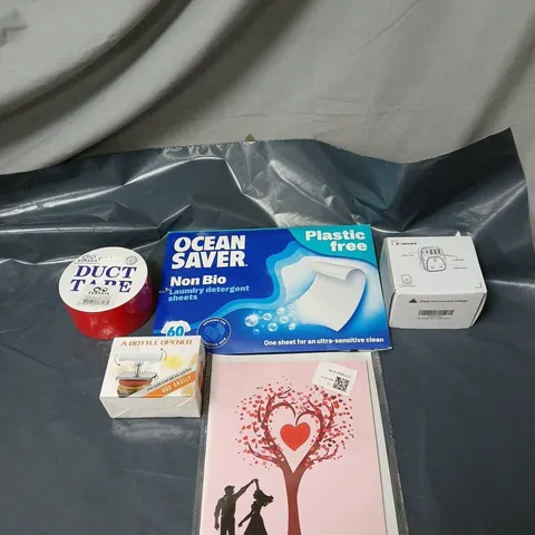 APPROXIMATELY 20 ASSORTED HOUSEHOLD ITEMS TO INCLUDE LAUNDRY SHEETS, DUCT TAPE, BOTTLE OPENER, TRAVEL ADAPTER ETC