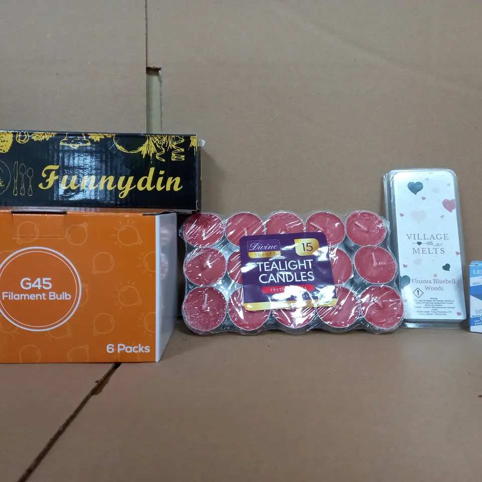 BOX OF APPROXIMATELY 11 ASSORTED ITEMS TO INCLUDE - TEALIGHT CANDLES , VILLAGE MELTS , G45 FILAMENT BULB ETC