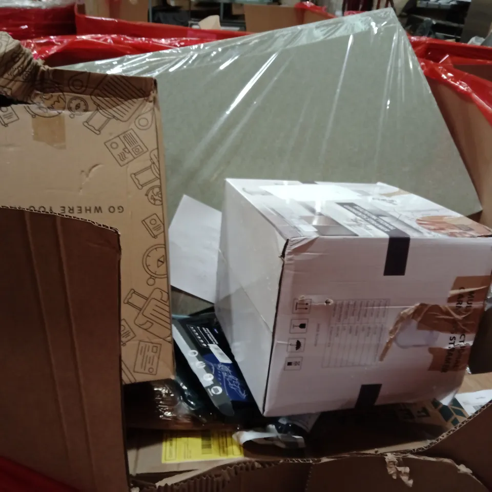 PALLET OF ASSORTED HOUSEHOLD GOODS AND PRODUCTS TO INCLUDE; SUITCASE,GARMENT STREAMER,HOLE PUNCHER
